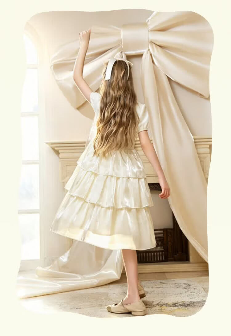 CHANZUIGOU Girls Mousse Cake Princess Dress 26 Summer New Children's Waterdrop Button Mid-Length Satin Dress 23